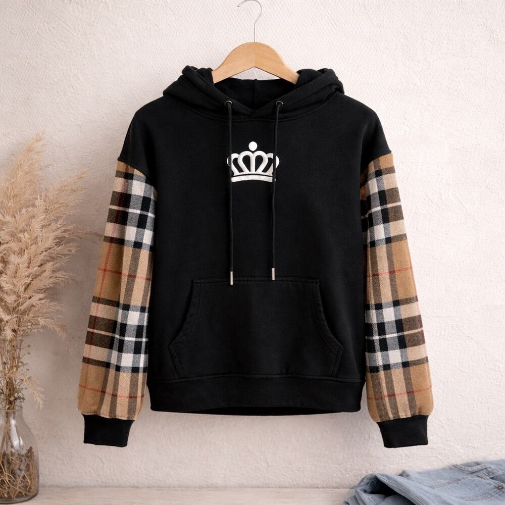 704 Shop Plaid Sleeve Hoodie XS Black Crown Embroidered Logo Style Pullover